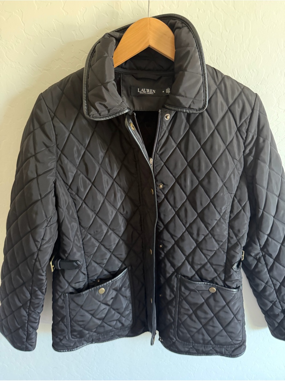 LAUREN Ralph Lauren Black Diamond Quilted Barn Jacket | Faux Leather Trim | M